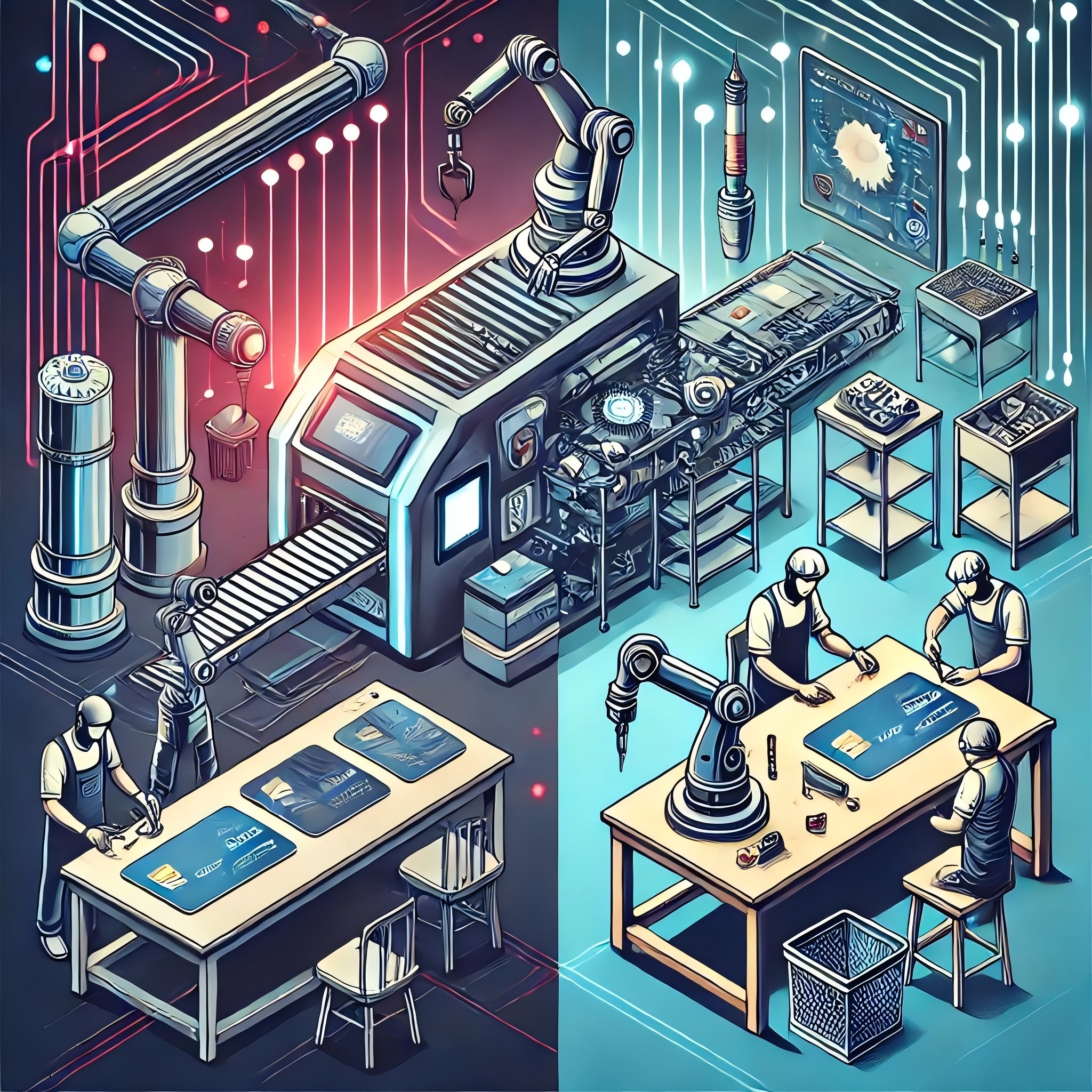 DALL·E 2024-11-22 11.01.15 - A detailed illustration showing a modern smart card manufacturing machine on one side and traditional manual manufacturing processes on the other